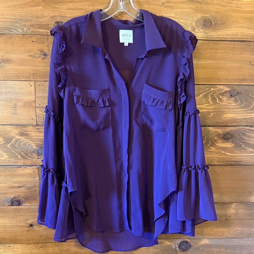 Misa Los Angeles Deep Purple Ruffle-Sleeve Button Down Shirt